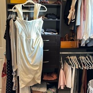 House of CB Loretta White Satin Off the Shoulder Corset Dress, Medium